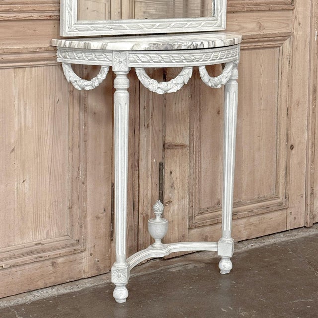 Wood Antique Italian Louis XVI Painted Marble Top Demilune Console With Trumeau Mirror For Sale - Image 7 of 18