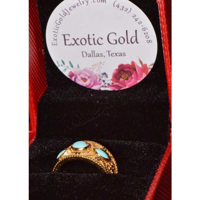 Natural Diamond Turquoise 18k Solid Gold Byzantine Beaded Greek Ring Stacking Band Ring, Size 6 For Sale - Image 14 of 14