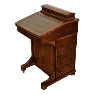Rare 1870s Antique Victorian Burl Walnut & Leather Surface Davenport Writing Desk For Sale