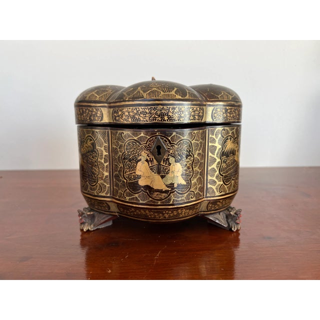Mid 19th Century 19th Century, Chinese Export Gilt Black Lacquer Melon Form Tea Caddy Box For Sale - Image 5 of 8