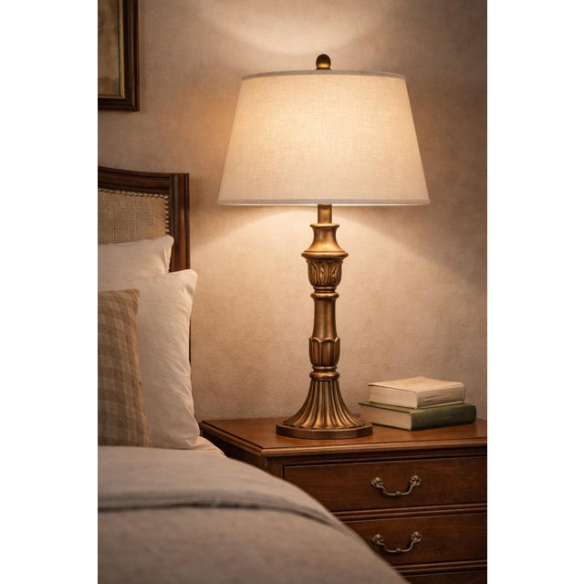 Metal Late 20th Century Traditional Fluted Column Table Lamps With Linen Shades - a Pair For Sale - Image 7 of 9