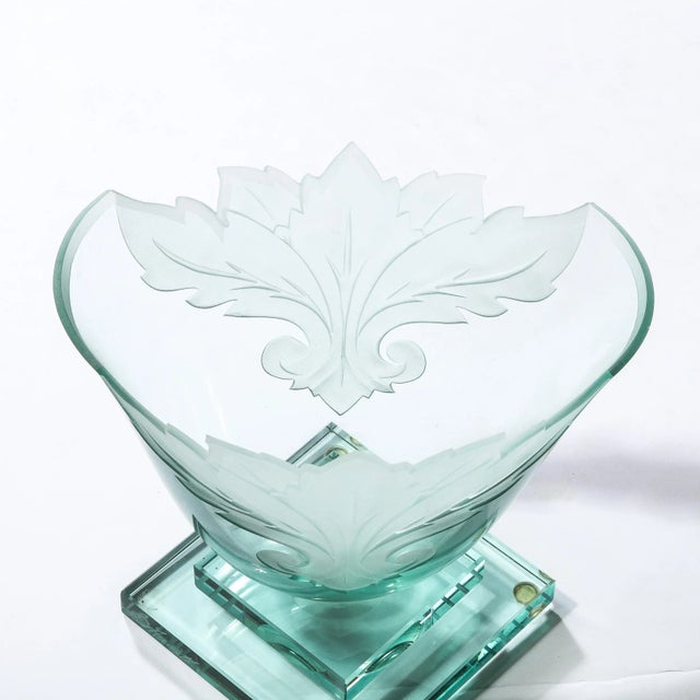 1990s Frosted and Etched Cut Glass Leaf Vase/Bowl on Geometric Base by Robert Guenther For Sale - Image 12 of 13