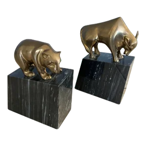 Pair of 1990s Bear and Bull Wall Street Brass & Marble Bookends