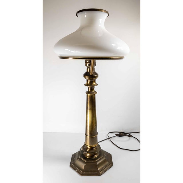 Ethan Allen 1970's Ethan Allen Brass Sinumbra Astral Lamp Style Table Lamp With White Glass Shade For Sale - Image 4 of 14