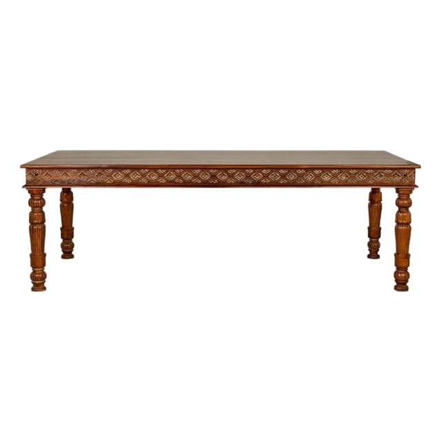 Large Dining Room Table with Carved Apron, Floral Motifs and Turned Legs For Sale
