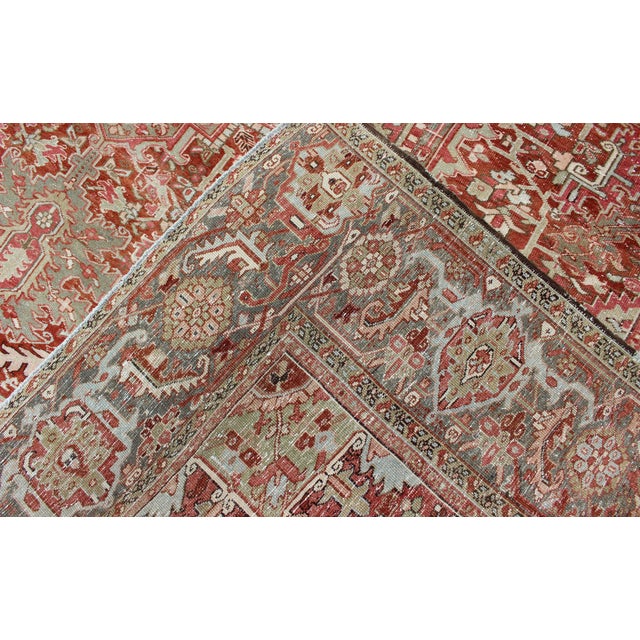 Gray Green, Taupe Border, Soft Red Heriz With Geometric Medallion 11'6 X 14'5 For Sale - Image 16 of 16