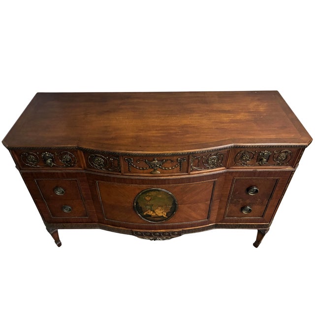 Wood Early 20th Century Neoclassical Mahogany Sideboard With Hand-Painted Oval Medallion & Bronze Ormolu For Sale - Image 7 of 12