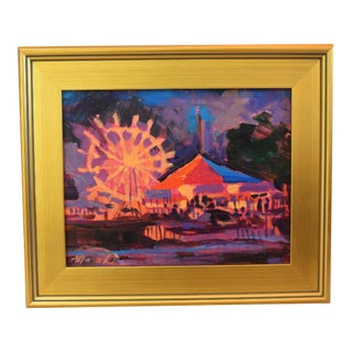 Beautiful Painting of Carnival or Circus Ferris Wheel Including the Antiqued Gold Wood Frame For Sale