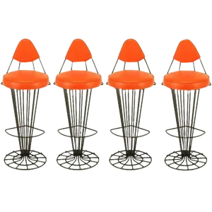 Set of Four Sculptural Black Wrought Iron and Persimmon Bar Stools