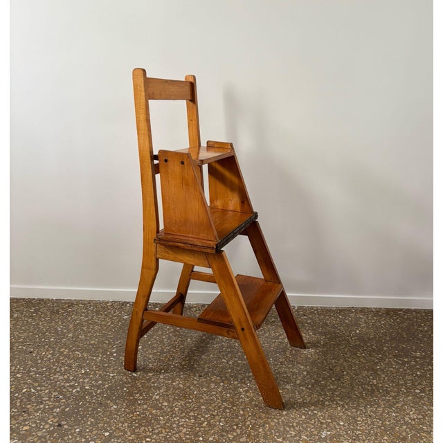 Oak Wooden Library Ladder and Chair, Netherlands, 1930s For Sale - Image 4 of 10