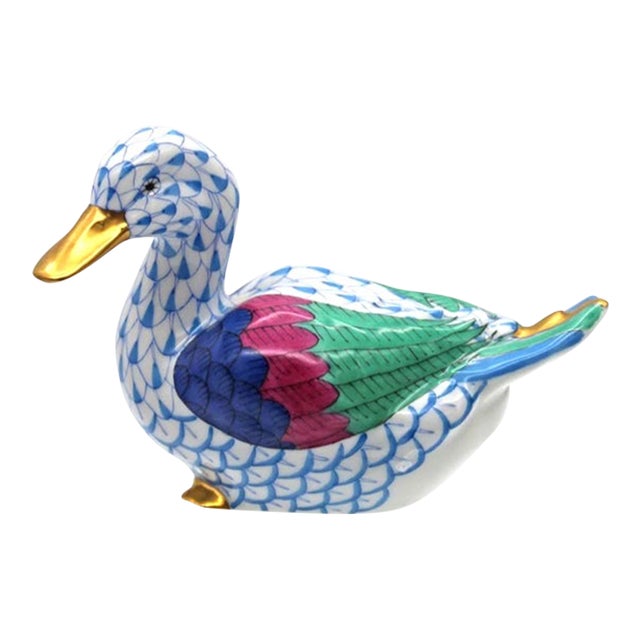 Vintage MCM Herend Porcelain Blue Fishnet Mallard Duck Figurine For Sale