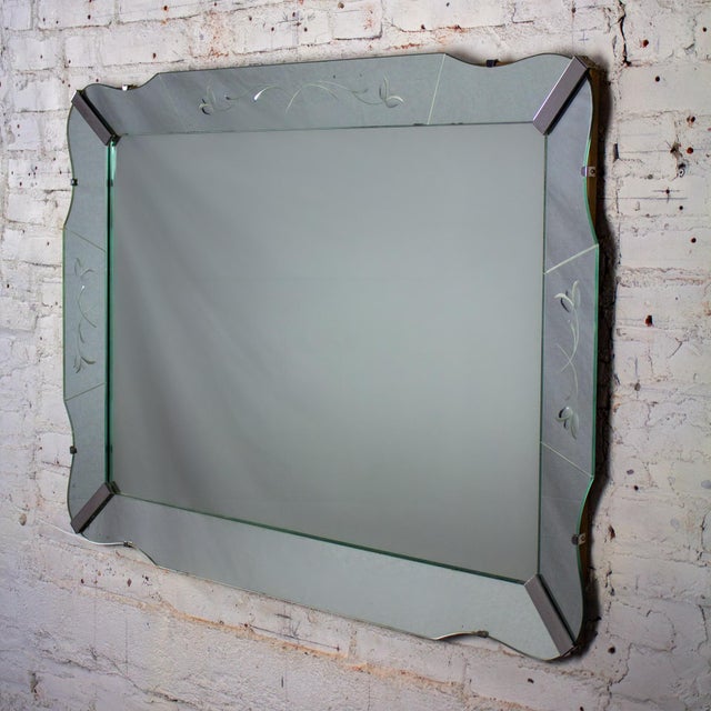 1930-1950’s Art Deco Large Wall Mirror Rectangular W/Curved Sides & Etched Venetian Glass For Sale - Image 6 of 18