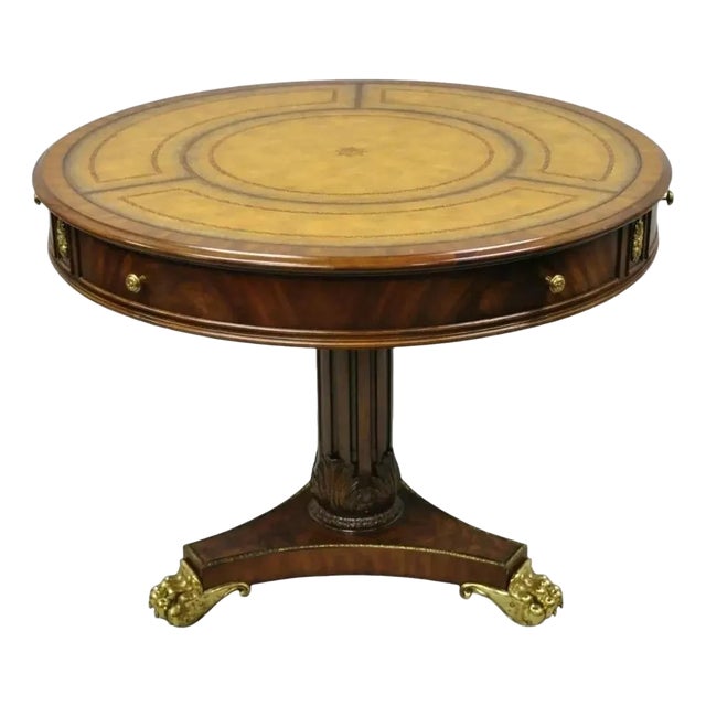 Maitland Smith French Empire Regency Leather Top Brass Feet Center Drum Table For Sale