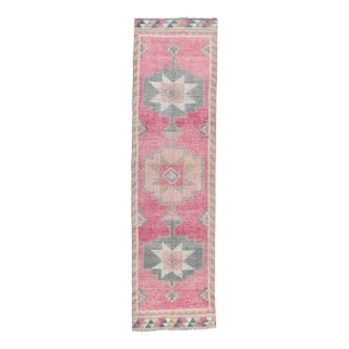 Vintage Pink Geometric Turkish Hand-Knotted Runner For Sale
