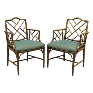 Vintage Chinese Chippendale Faux Bamboo Wood Fretwork Dining Arm Chairs - A Pair For Sale