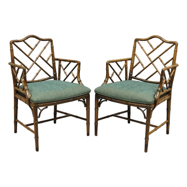 Vintage Chinese Chippendale Faux Bamboo Wood Fretwork Dining Arm Chairs - A Pair For Sale