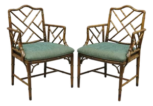 Vintage Chinese Chippendale Faux Bamboo Wood Fretwork Dining Arm Chairs - A Pair