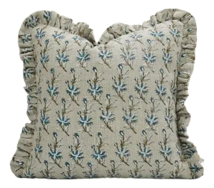 Fabdivine Artisan Block Print Frill Throw Pillow Cover Blue 22x22 Inch Thick Linen- Deepika