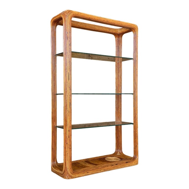 Monumental Vintage Pencil Rattan Waterfall Étagère With Glass Shelves For Sale