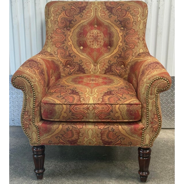 Gorgeous upholstered chair with matching Ottoman from Greenbaum interiors (luxury design firm in NJ) . Chair features high...