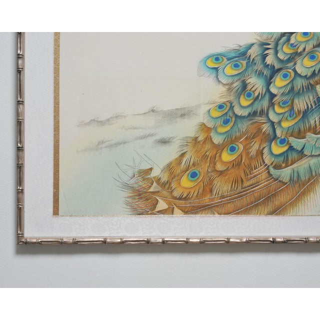 White 20th C. Chinese Export Pair of Peacocks and Flowers Painting For Sale - Image 8 of 18