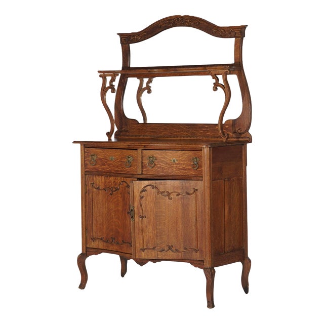 Antique RJ Horner School Carved Oak Swell Front & Mirrored Server C1910 For Sale