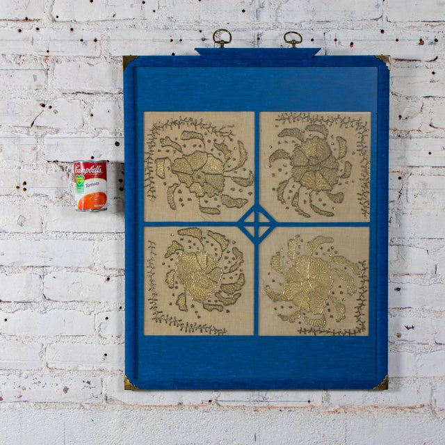 Cornflower Blue 19th to 20th Century Textile Wall Art Metallic Gold Embroidered Panel on Linen Blue Silk Frame Manner of Turkish Ottoman For Sale - Image 8 of 18