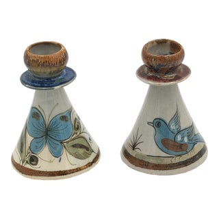 Folk-Art Ken Edwards Palomar Tonala Pottery Hand Painted 2pc Set Candle Holders For Sale