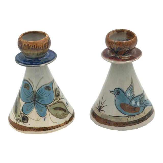 Folk-Art Ken Edwards Palomar Tonala Pottery Hand Painted 2pc Set Candle Holders For Sale