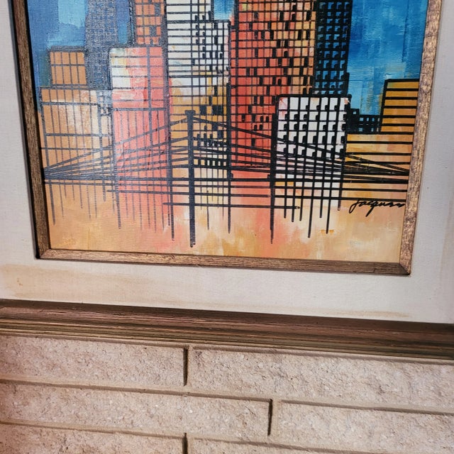 Mid 20th Century Mid-Century Modern Cityscape Oil Painting For Sale - Image 5 of 10