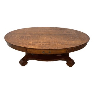 Antique Oval Coffee Table Tiger Oak Center Drawer Shelf Columns Empire Style For Sale