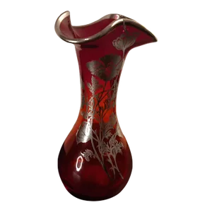 1970s Ruby Red With Silver Rim & Floral Overlay Vase