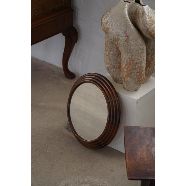Brown Vintage Round Wooden Decorative Wall Mirror, 1950s For Sale - Image 8 of 18