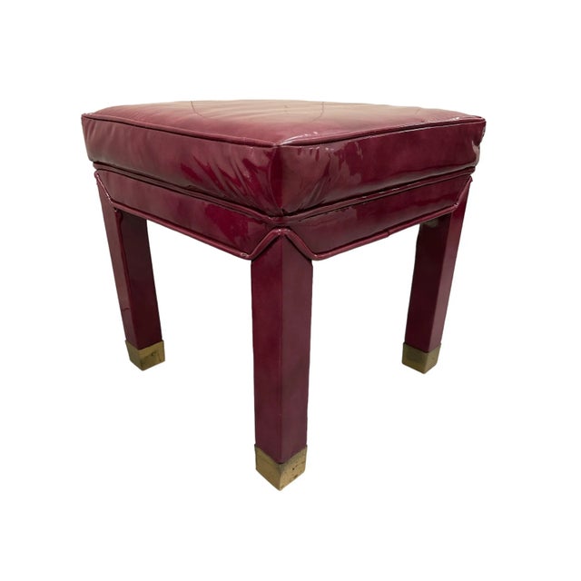 1970s Milo Baughman Style Patent Leather Parsons Stools With Brass Caps For Sale - Image 5 of 8