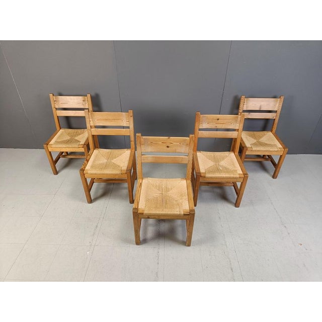Elegant pine wood dining chairs with papercord seats by GM mobler. These sturdy chairs have an simple yet attractive...