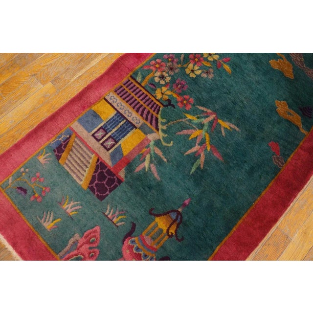 Green 1920s Green Garden Landscape Antique Chinese Art Deco Carpet 2' 6'' X 4' 5'' Knotted Wool Rug For Sale - Image 8 of 10