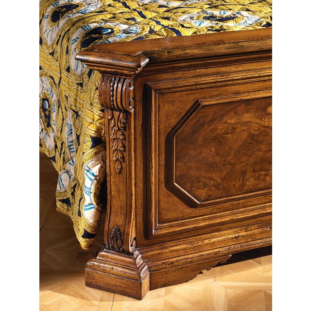 Handcrafted in Italy from solid walnut. This stunning bed features elegant walnut burl panels and hand-carved corbels that...