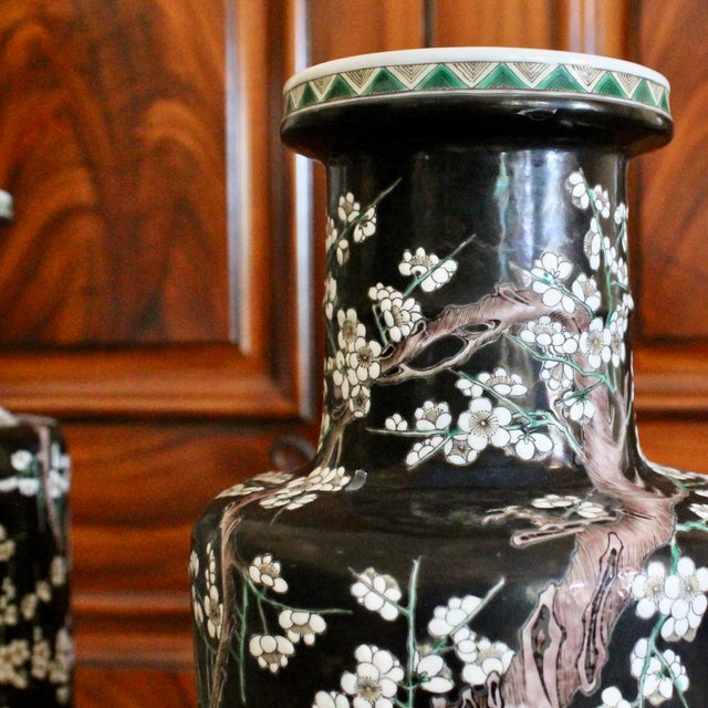 Ceramic Pair of Large Famille Noir Chinese Porcelain Vases For Sale - Image 7 of 18