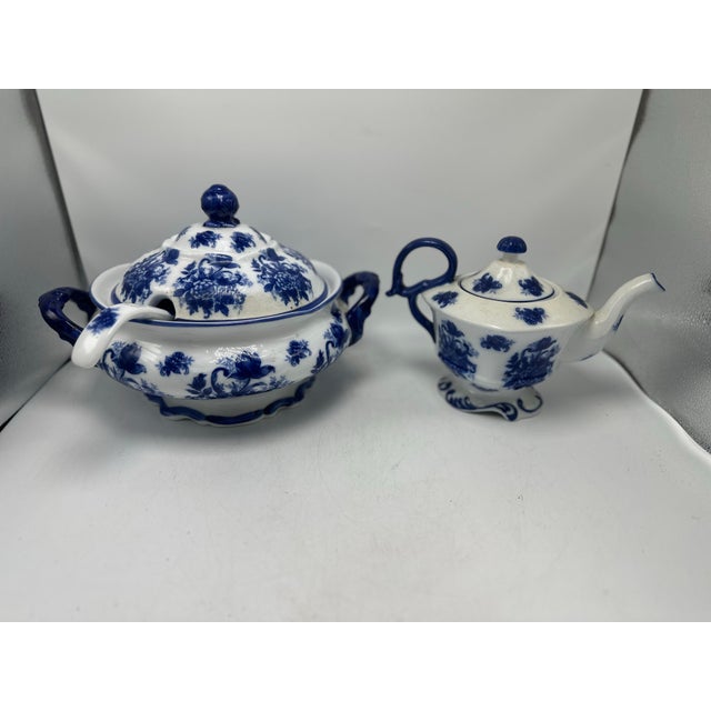 Ceramic Antique Blue and White Soup Tureen and Tea Pot For Sale - Image 7 of 11