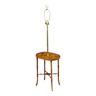 Vintage Frederick Cooper Faux Bamboo Inlaid Burl Floor Lamp Table For Sale