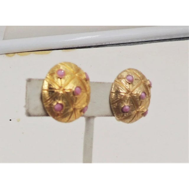 Metal Vintage 1960s Signed Castlecliff Round Pink Rhinestone Clip Earrings - 2 Pieces For Sale - Image 7 of 7
