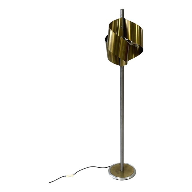 Italian Floor Lamp in Brushed Steel with Brass Top, 1970s For Sale