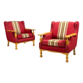 Henning Kjærnulf Style, Lounge Chairs, Red Fabric, Oak, Denmark, 1960s For Sale