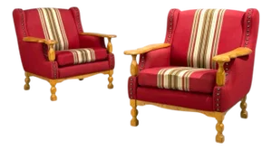 Henning Kjærnulf Style, Lounge Chairs, Red Fabric, Oak, Denmark, 1960s