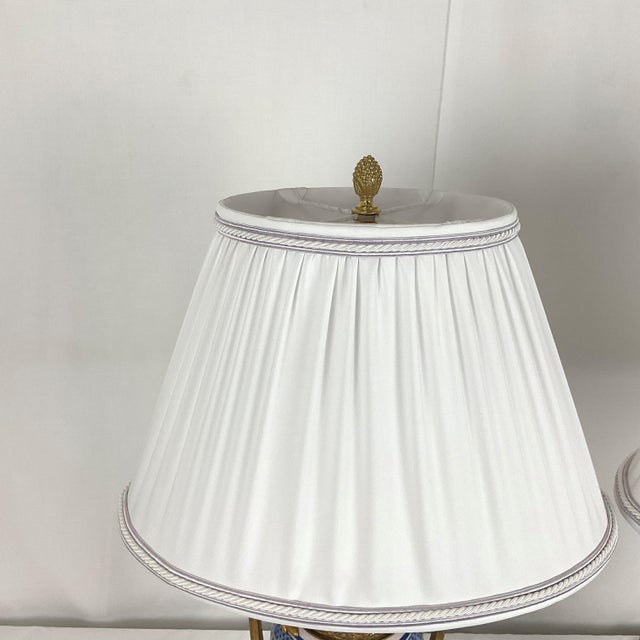 Early 18th Century Vintage Gilt Bronze and French Porcelain Lamp Pair With Silk Shades For Sale - Image 5 of 12