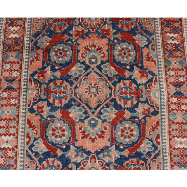 Antique Persian Tabriz Gallery Rug With Large Scale Florals in Medium Blue Field For Sale - Image 11 of 14