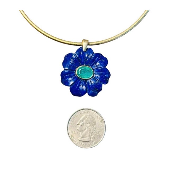 Metal Flora Pendant, Lapis Flower With Emerald & 14k Gold For Sale - Image 7 of 11