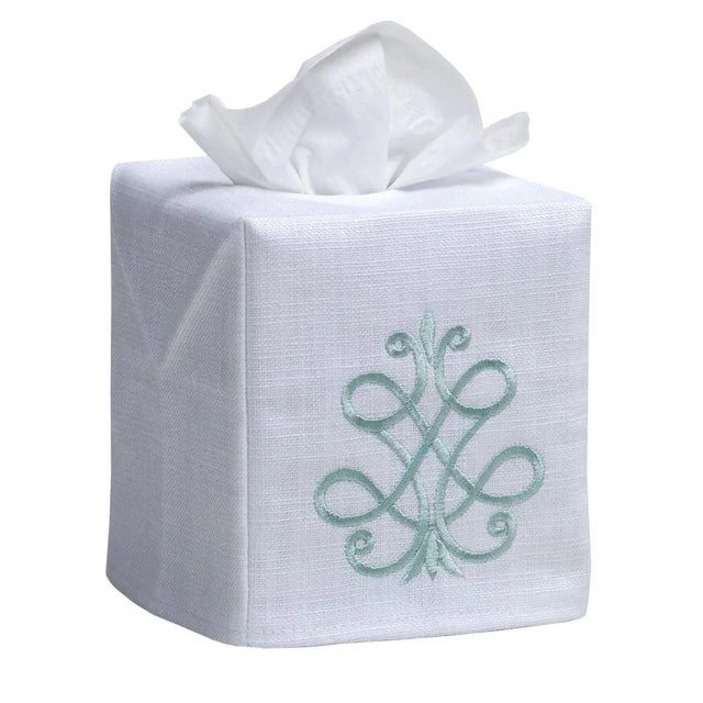 2020s Aqua French Scroll Tissue Box Cover in White Linen & Cotton, Embroidered For Sale - Image 5 of 5