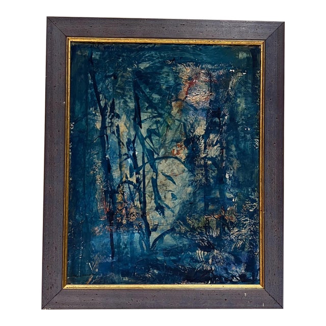 Midcentury Modern Blue Oil on Canvas Abstract Art Signed Helen Oguerran For Sale