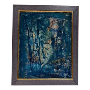 Midcentury Modern Blue Oil on Canvas Abstract Art Signed Helen Oguerran